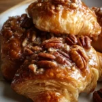 Maple Pecan Croissant Bake topped with syrupy pecans and maple glaze.
