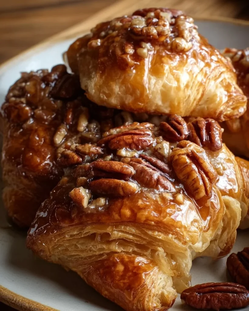 Maple Pecan Croissant Bake topped with syrupy pecans and maple glaze.