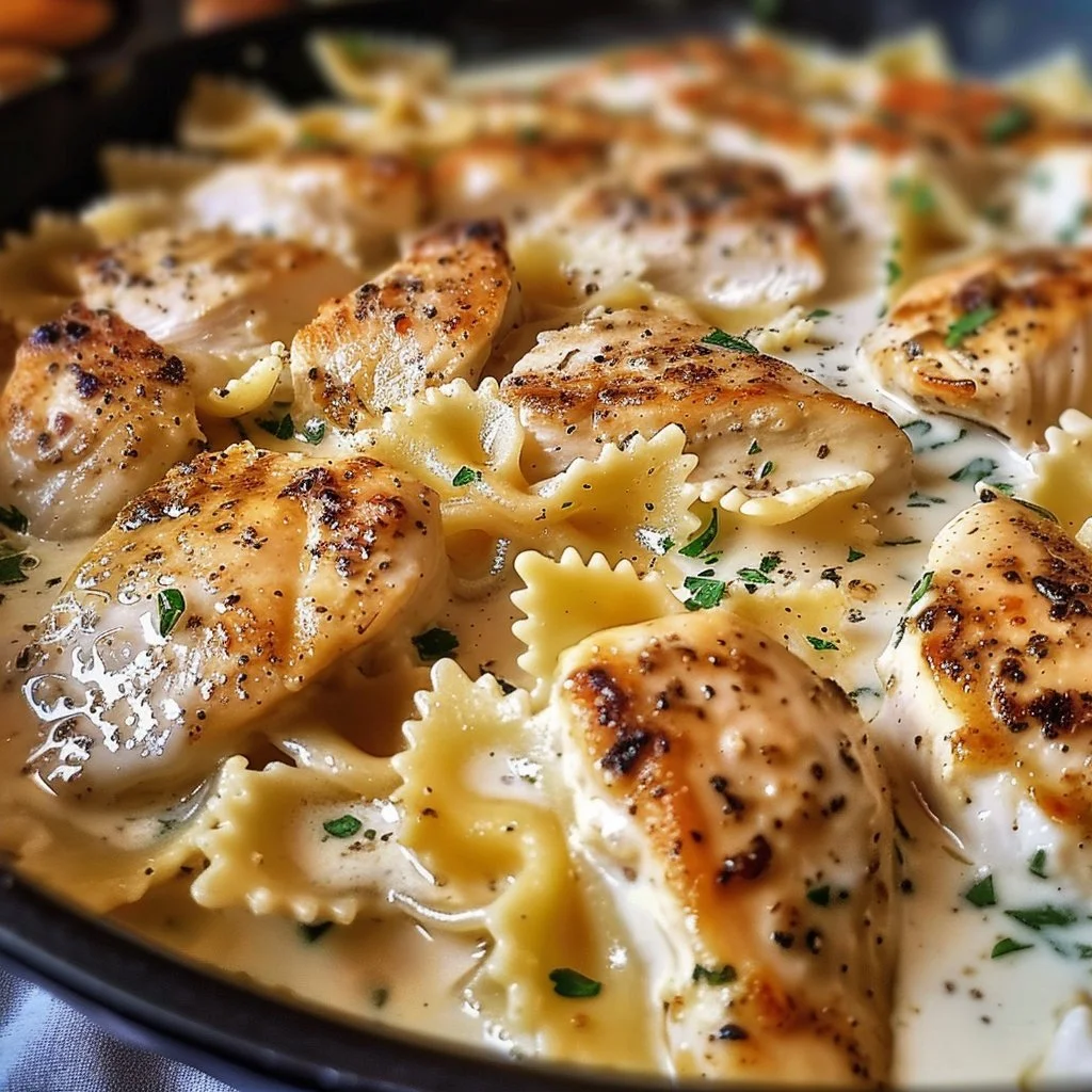 Garlic Butter Chicken with mozzarella cheese and bowtie pasta in creamy sauce