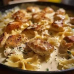 Mozzarella garlic butter chicken bowties in creamy cheese sauce