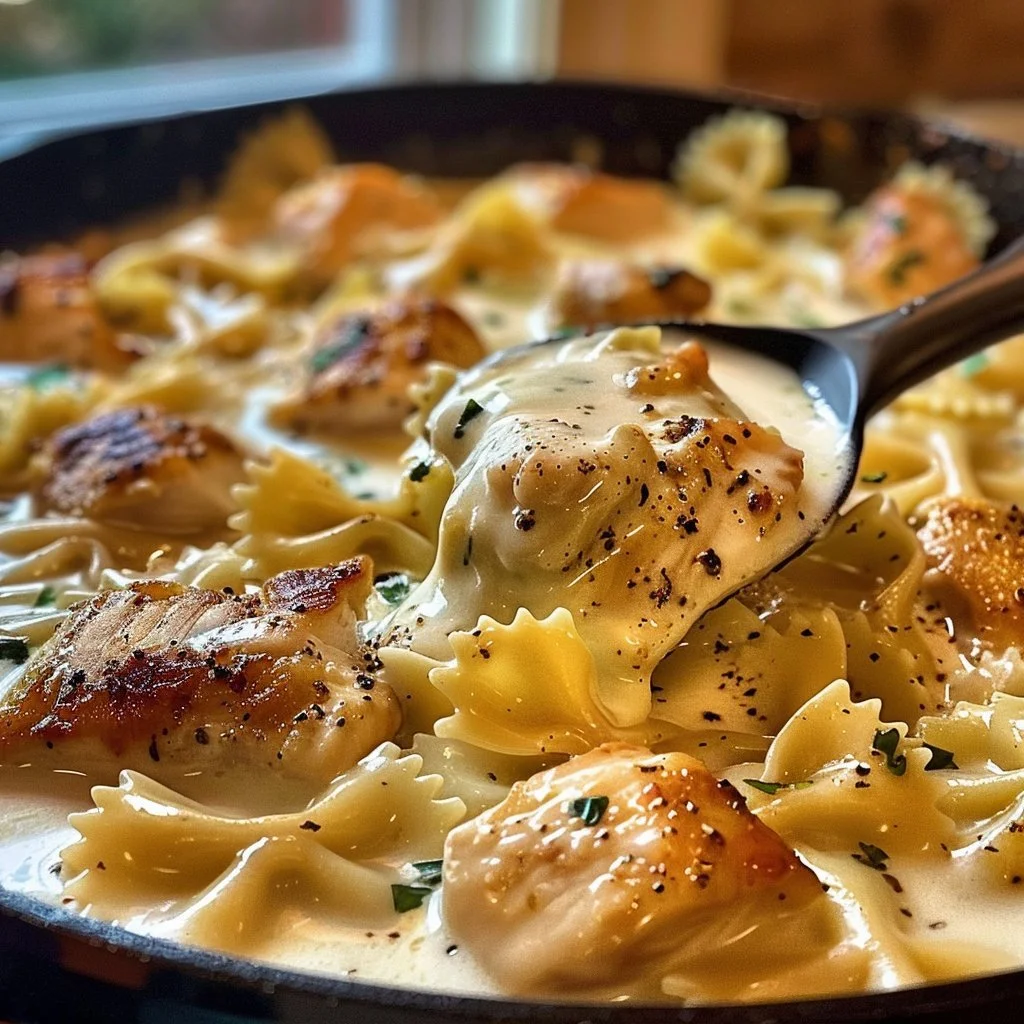Creamy Mozzarella Garlic Butter Chicken Bowties served in a cheesy sauce
