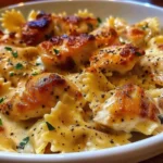 Mozzarella Garlic Butter Chicken Bowties served in creamy garlic butter sauce