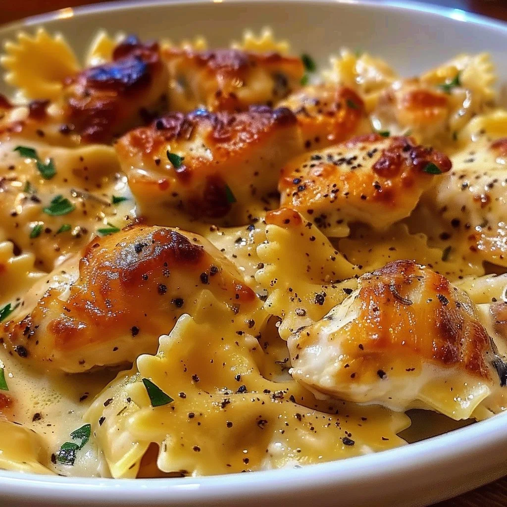 Mozzarella Garlic Butter Chicken Bowties served in creamy garlic butter sauce