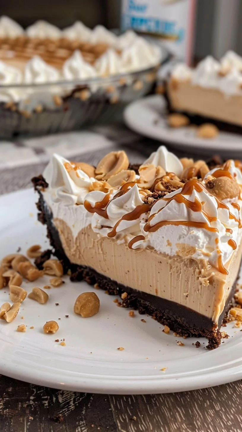 No bake peanut butter pie topped with whipped cream and chocolate drizzle