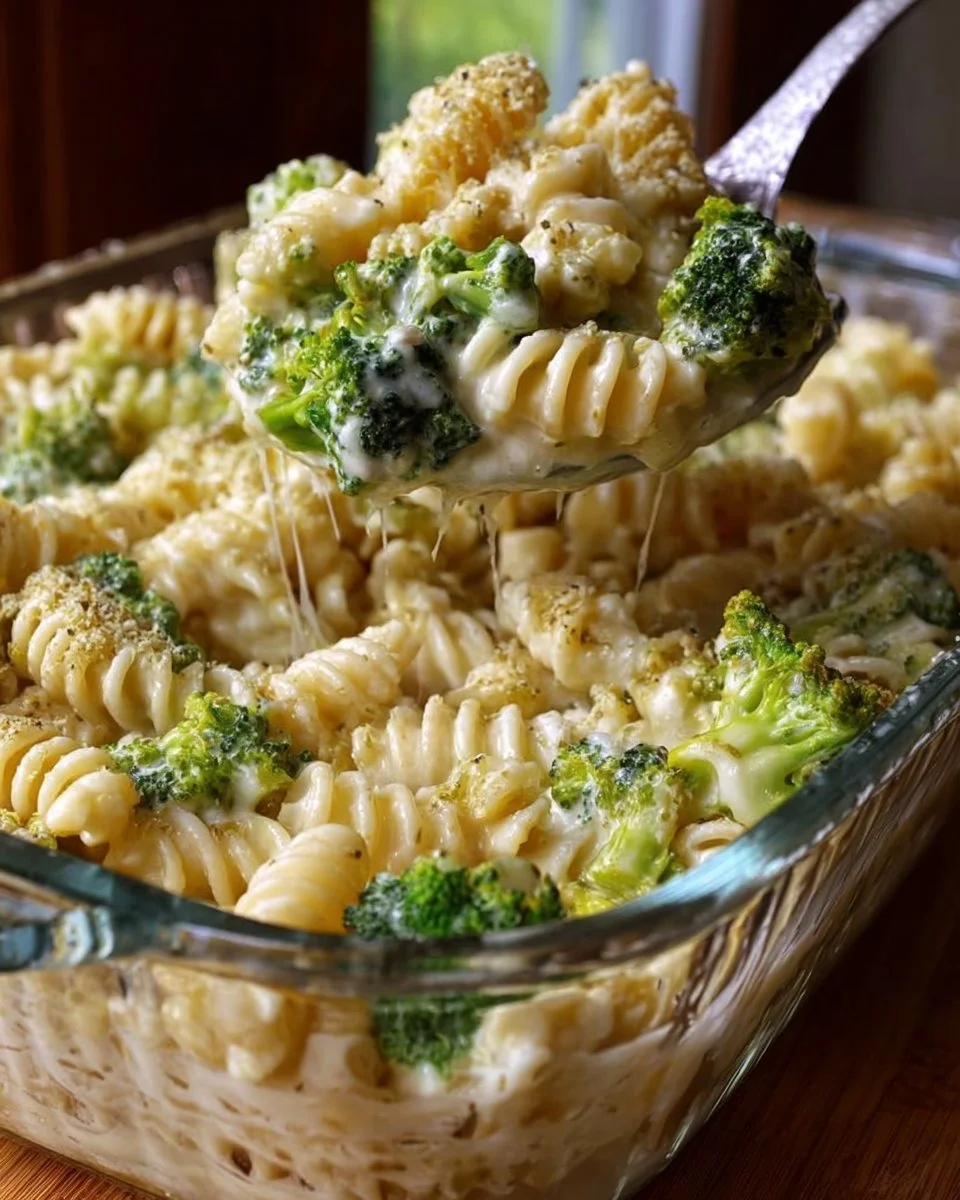 No-boil broccoli pasta bake dish topped with cheese and baked to perfection.