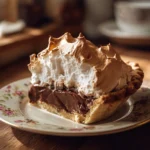 Slice of Old Fashioned Chocolate Meringue Pie with fluffy meringue and chocolate filling