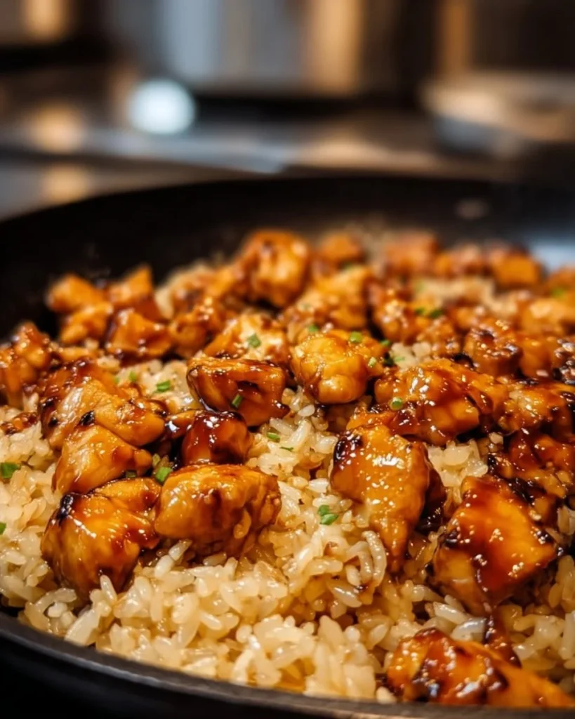 One-Pan Bold Honey BBQ Chicken Rice served with garnishes