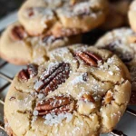 Freshly baked pecan cookies on a cooling rack.