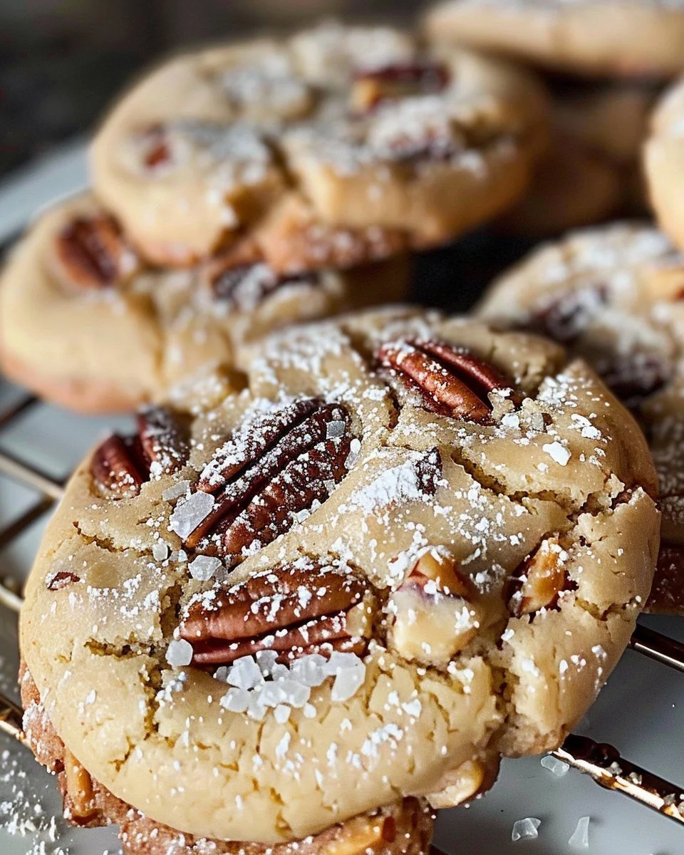 Freshly baked pecan cookies on a cooling rack.