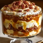 Pecan pie cheesecake trifle with layers of cheesecake and pecan pie topping.