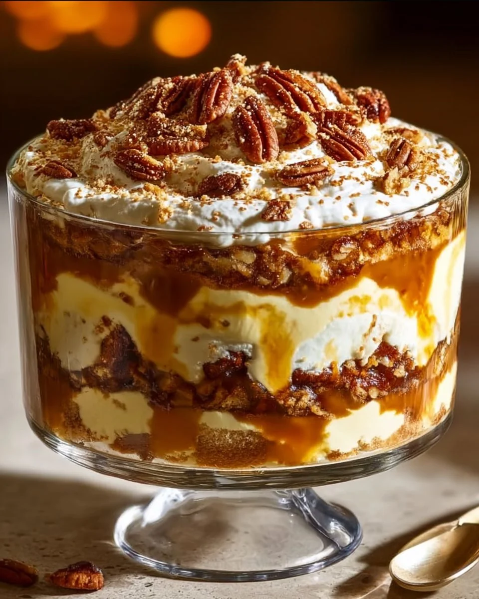 Pecan pie cheesecake trifle with layers of cheesecake and pecan pie topping.