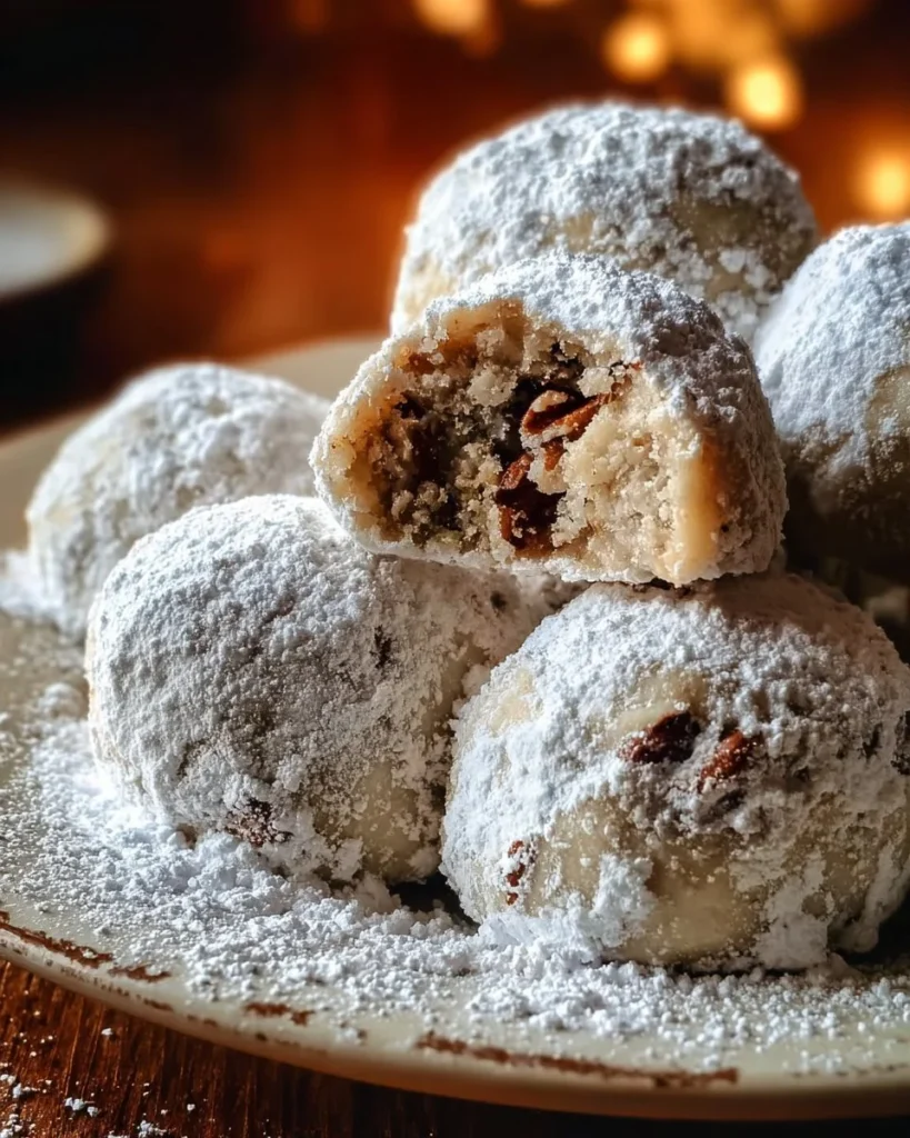 Delicious pecan snowball cookies dusted with powdered sugar.