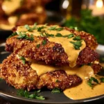 Plate of pretzel-crusted chicken topped with creamy mustard cheddar sauce