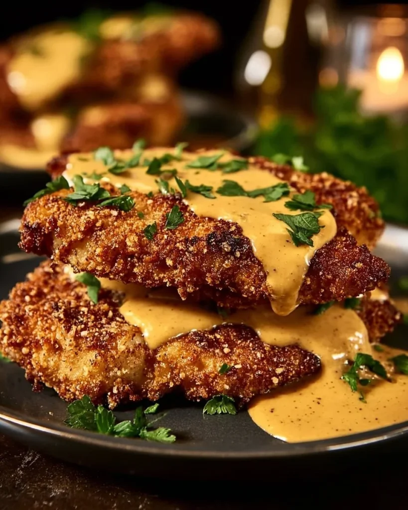 Plate of pretzel-crusted chicken topped with creamy mustard cheddar sauce