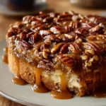 Delicious Southern Pecan Praline Cake topped with toasted pecans and praline sauce