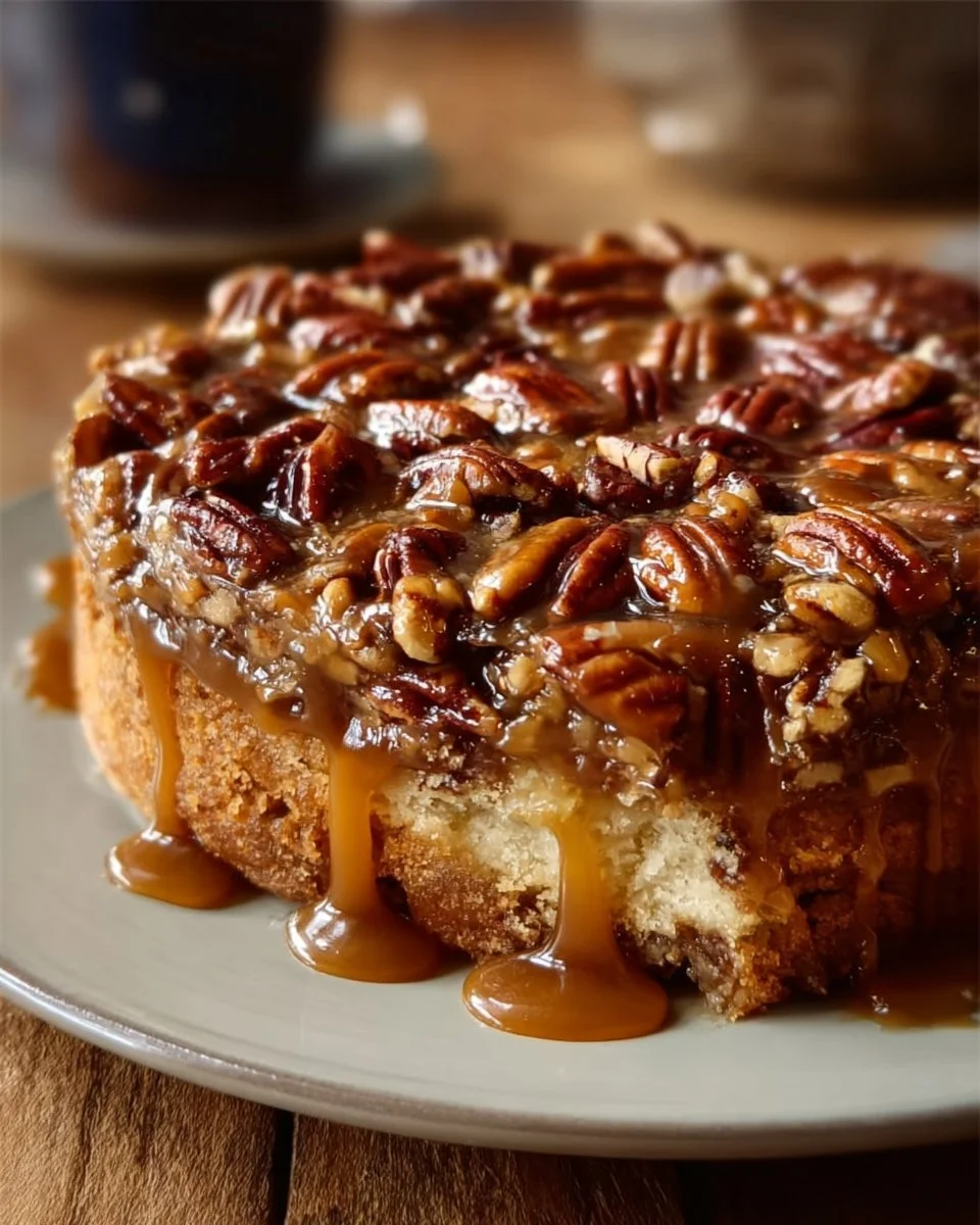 Delicious Southern Pecan Praline Cake topped with toasted pecans and praline sauce