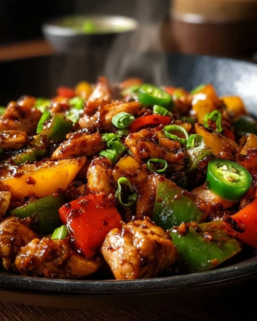 Spicy Jalapeño Chicken Stir-Fry with colorful vegetables and chicken in a skillet.
