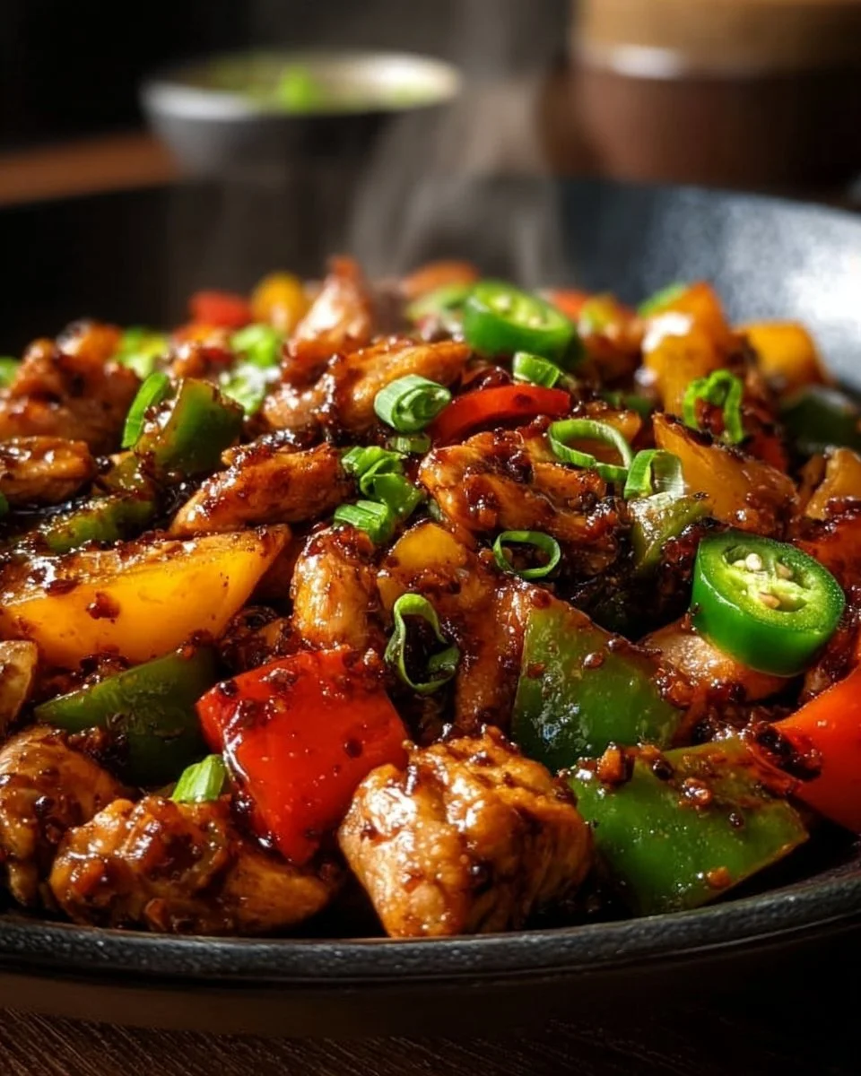 Spicy Jalapeño Chicken Stir-Fry with colorful vegetables and chicken in a skillet.