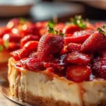 Slice of Strawberry Cream Cheese Dump Cake on a plate with fresh strawberries