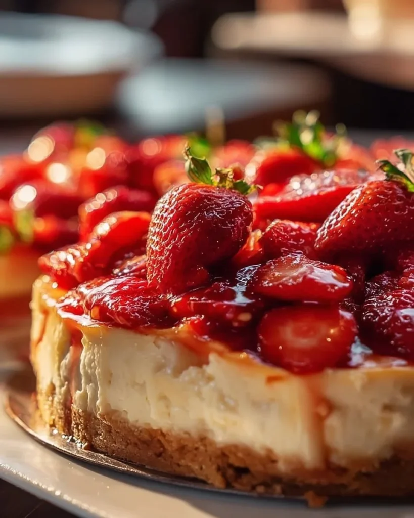 Slice of Strawberry Cream Cheese Dump Cake on a plate with fresh strawberries