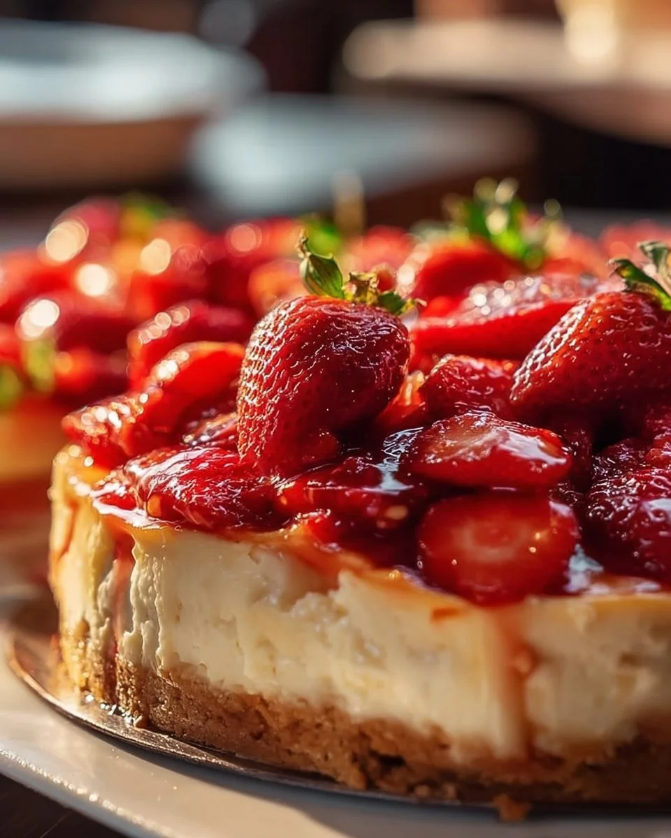 Slice of Strawberry Cream Cheese Dump Cake on a plate with fresh strawberries