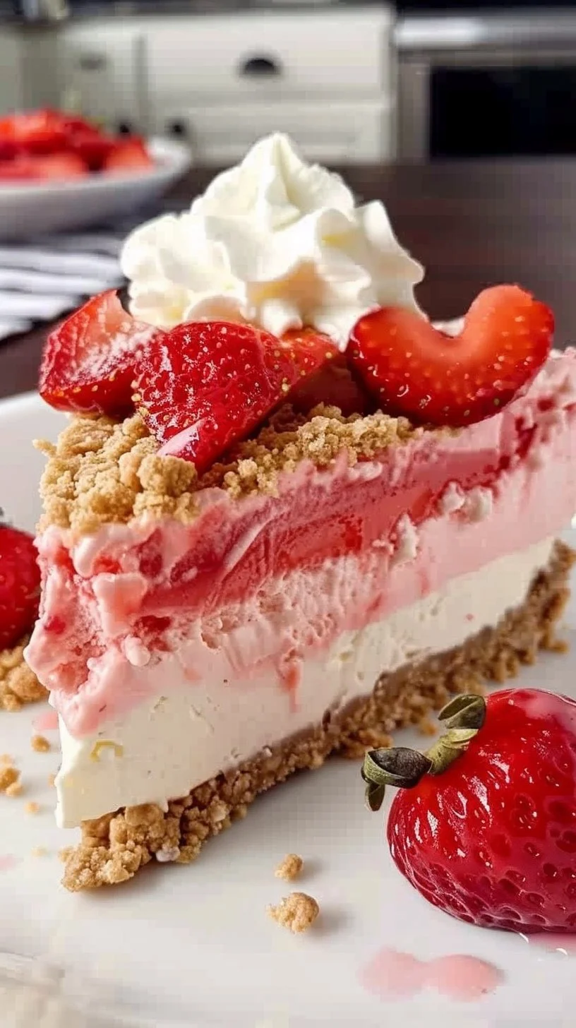 Delicious Strawberry Crunch Cheesecake with fresh strawberries and a crunchy topping