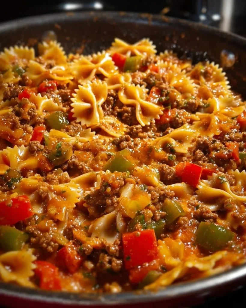 Delicious stuffed pepper pasta skillet dish served in a pan