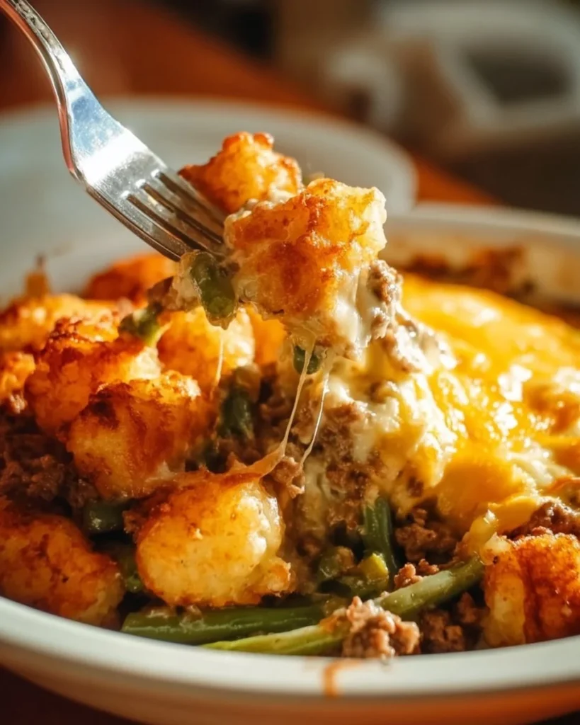 Delicious tater tot hamburger green bean casserole baked and ready to serve