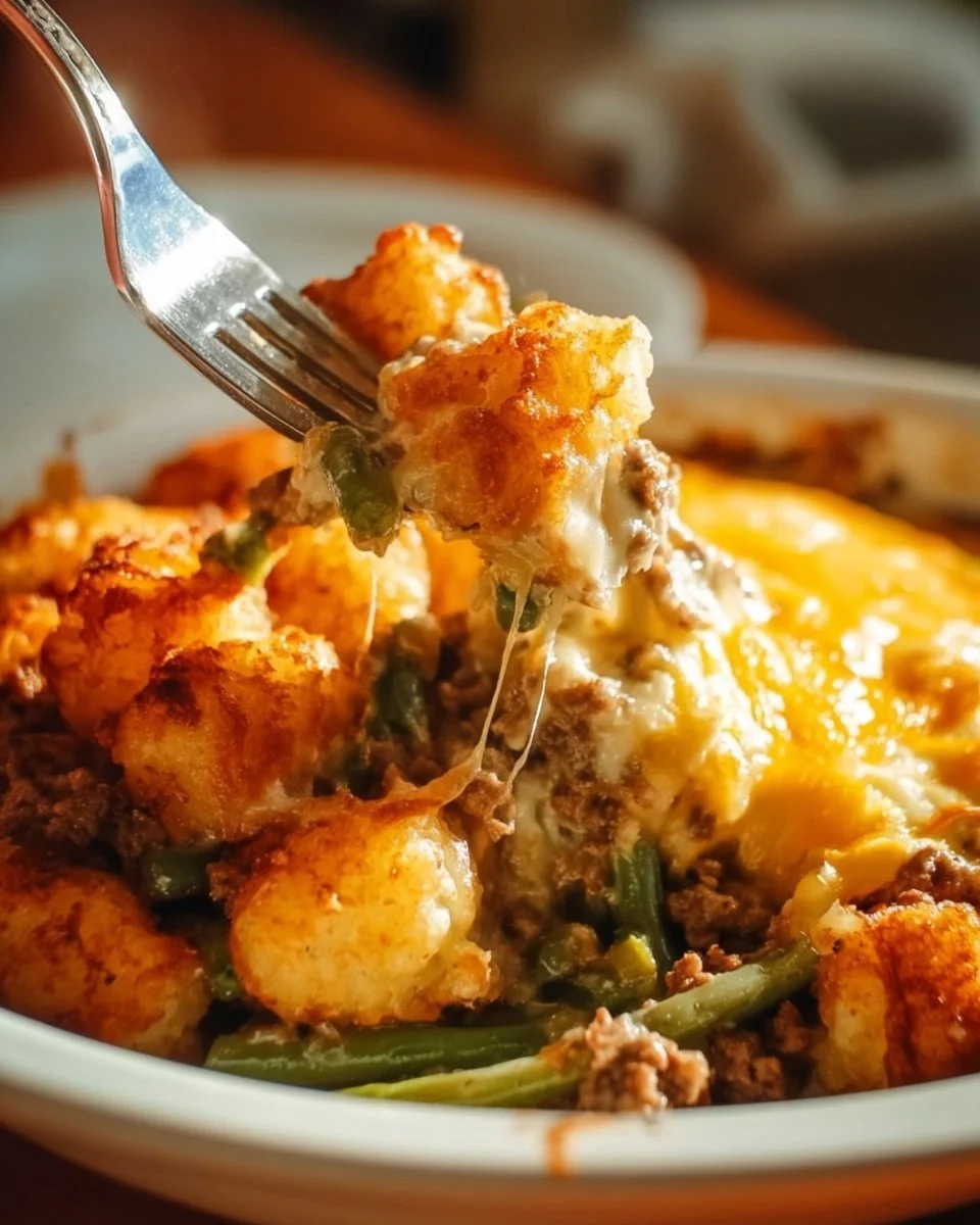 Delicious tater tot hamburger green bean casserole baked and ready to serve