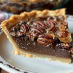 Texas Chocolate Pecan Pie with chocolate drizzle and pecans on top.