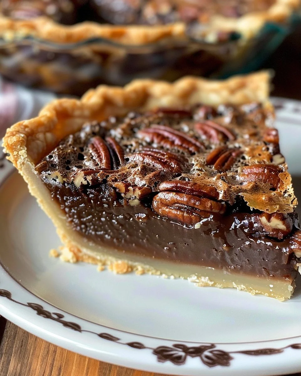 Texas Chocolate Pecan Pie with chocolate drizzle and pecans on top.