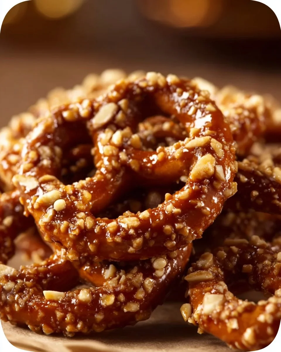 Delicious butter toffee pretzels coated in a sweet, crunchy toffee layer