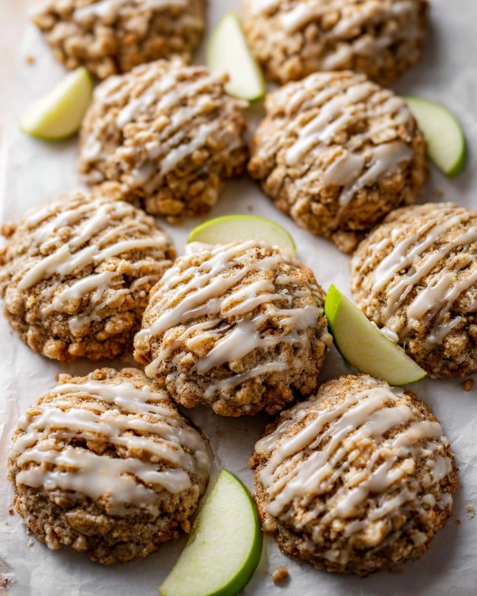 Apple Oatmeal Cookies drizzled with Maple Icing on a rustic wooden table