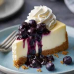 Delicious homemade Blueberry Cheesecake topped with fresh blueberries and cream.