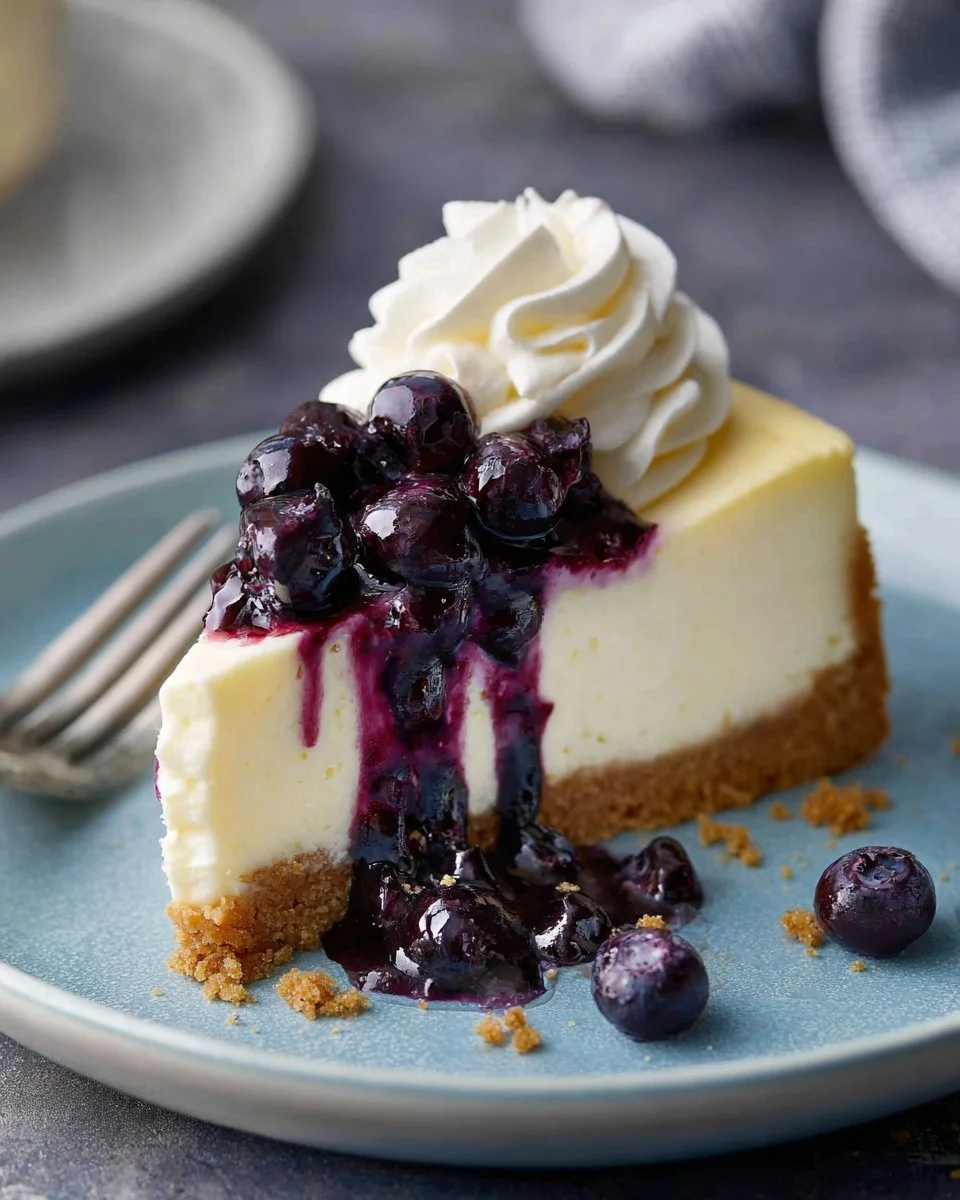 Delicious homemade Blueberry Cheesecake topped with fresh blueberries and cream.