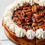 Brown Sugar Pecan Cheesecake topped with crunchy pecans and brown sugar glaze.