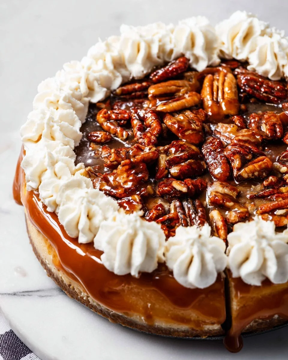 Brown Sugar Pecan Cheesecake topped with crunchy pecans and brown sugar glaze.