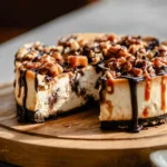 Delicious slice of Caramel Pecan Cheesecake topped with caramel and pecans