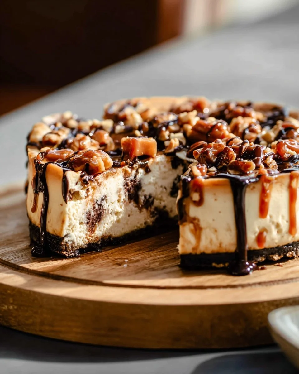 Delicious slice of Caramel Pecan Cheesecake topped with caramel and pecans