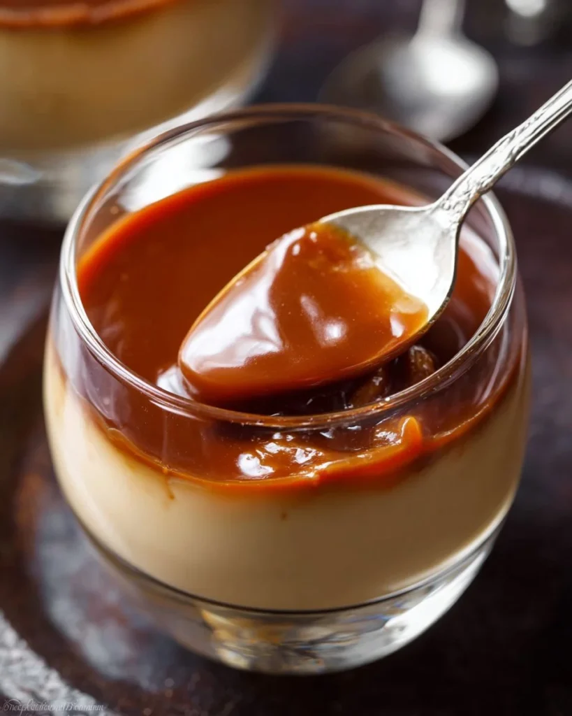 Delicious homemade caramel pudding topped with a drizzle of caramel sauce.