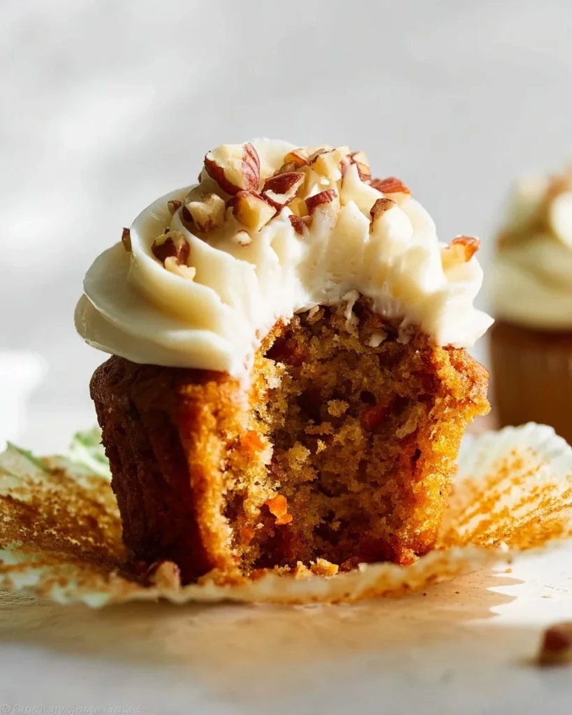 Carrot cake cupcakes with cream cheese frosting on a decorative plate