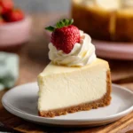 Delicious homemade cheesecake topped with fresh strawberries and whipped cream.