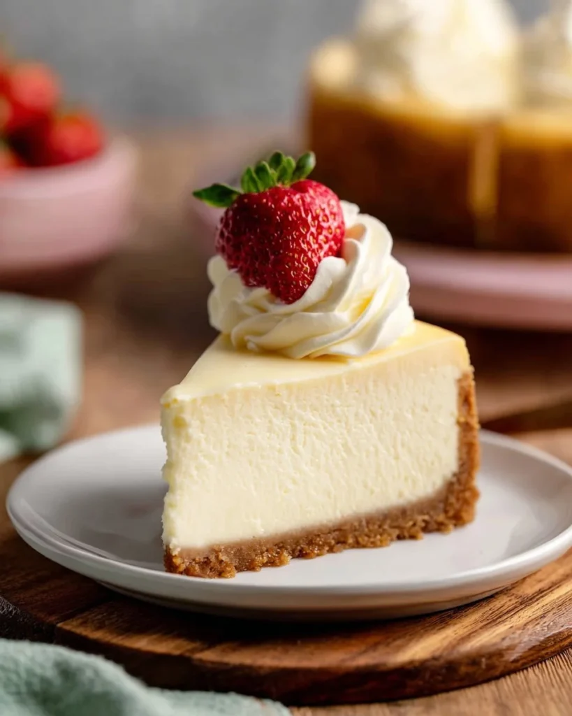 Delicious homemade cheesecake topped with fresh strawberries and whipped cream.