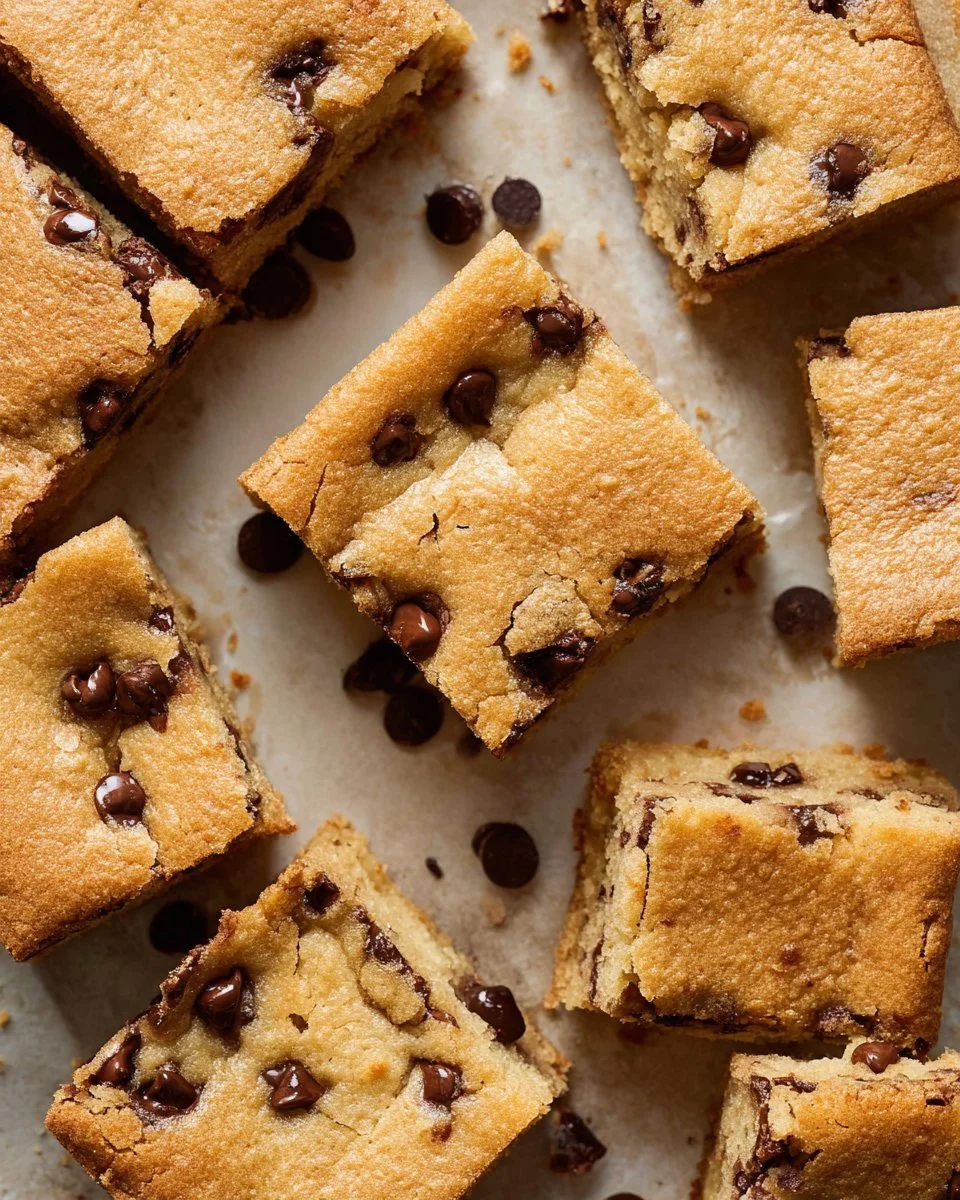 Delicious chocolate chip cookie bars with melted chocolate chips and golden brown edges