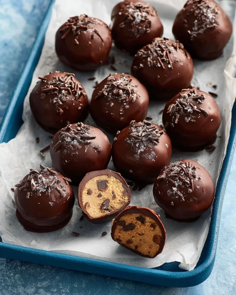 Chocolate chip cookie truffles topped with chocolate and sprinkles