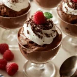 Delicious chocolate mousse topped with whipped cream and chocolate shavings.