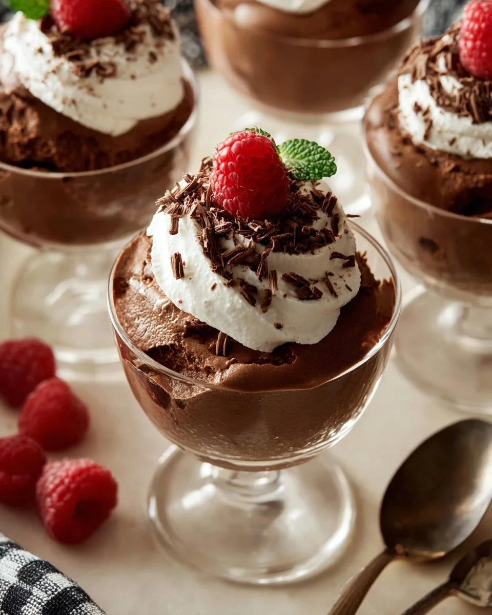 Delicious chocolate mousse topped with whipped cream and chocolate shavings.