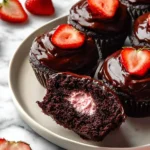 Delicious chocolate strawberry cupcakes with frosting and fresh strawberries