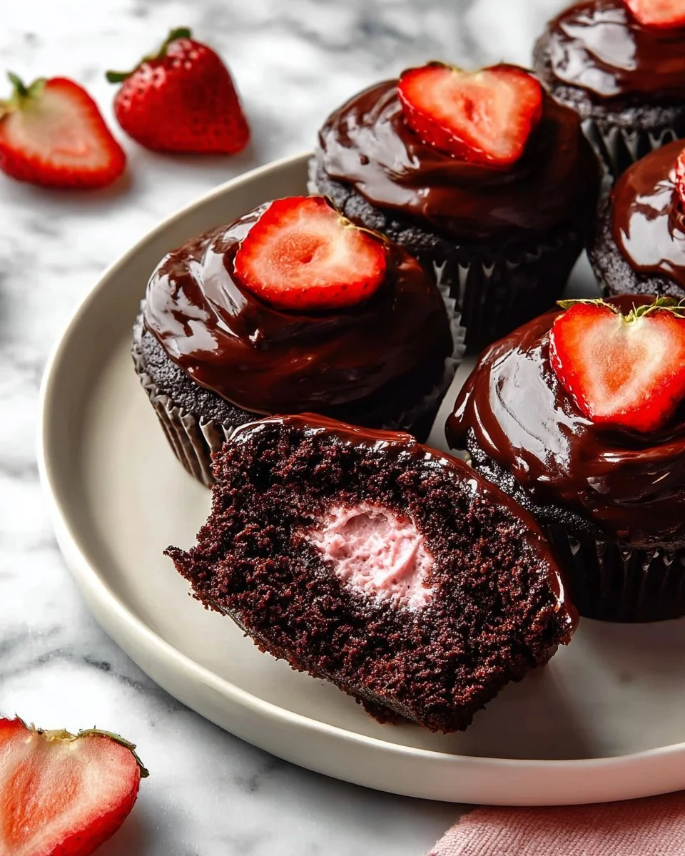 Delicious chocolate strawberry cupcakes with frosting and fresh strawberries