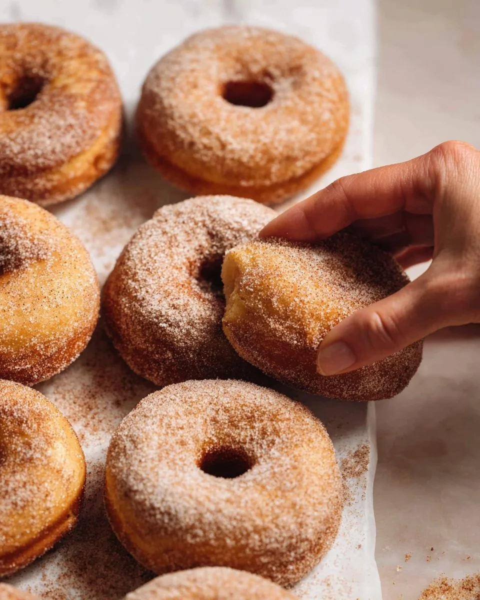 Homemade cinnamon sugar donuts freshly made and ready to enjoy.